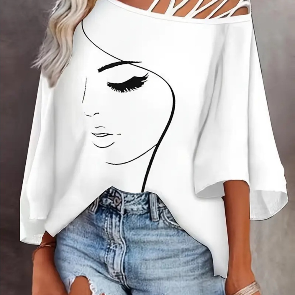 White Graphic Off-Shoulder Top